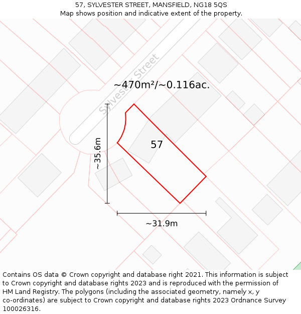 57, SYLVESTER STREET, MANSFIELD, NG18 5QS: Plot and title map