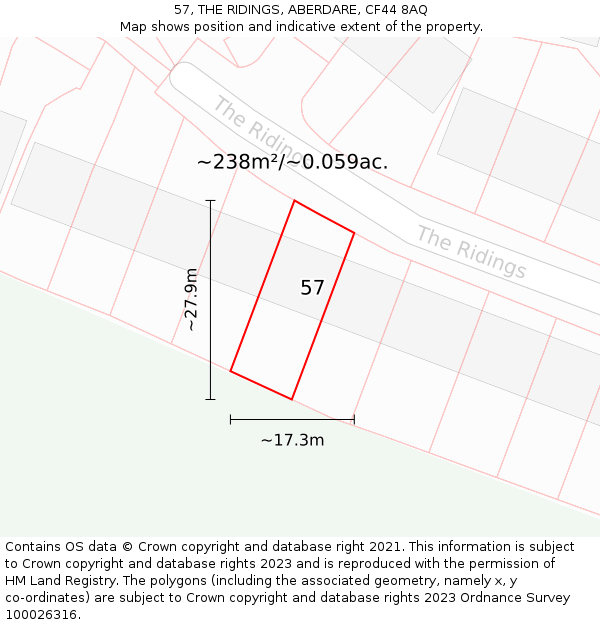 57, THE RIDINGS, ABERDARE, CF44 8AQ: Plot and title map