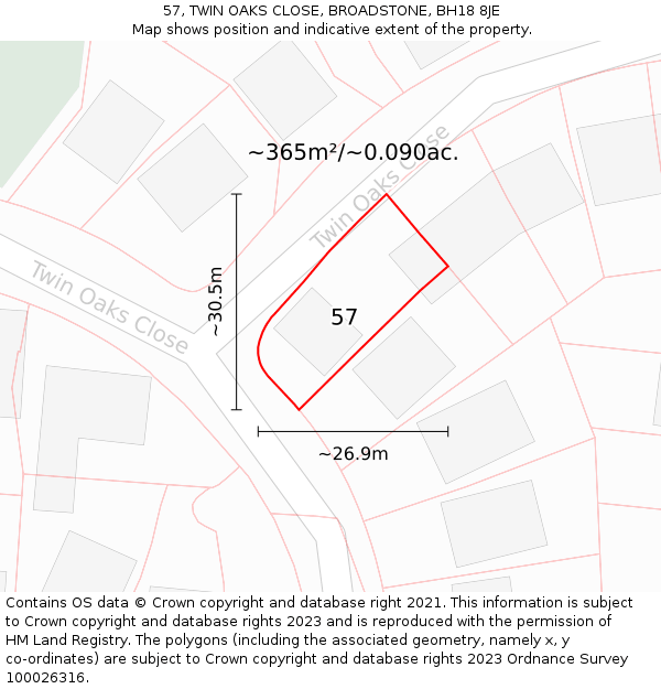 57, TWIN OAKS CLOSE, BROADSTONE, BH18 8JE: Plot and title map