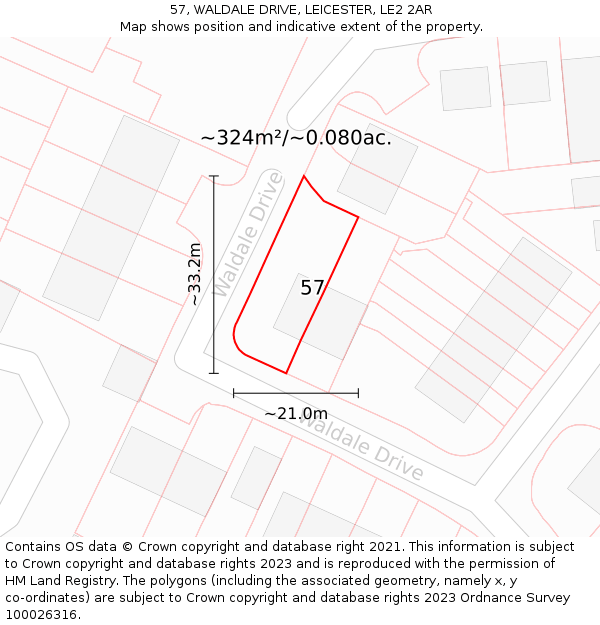 57, WALDALE DRIVE, LEICESTER, LE2 2AR: Plot and title map