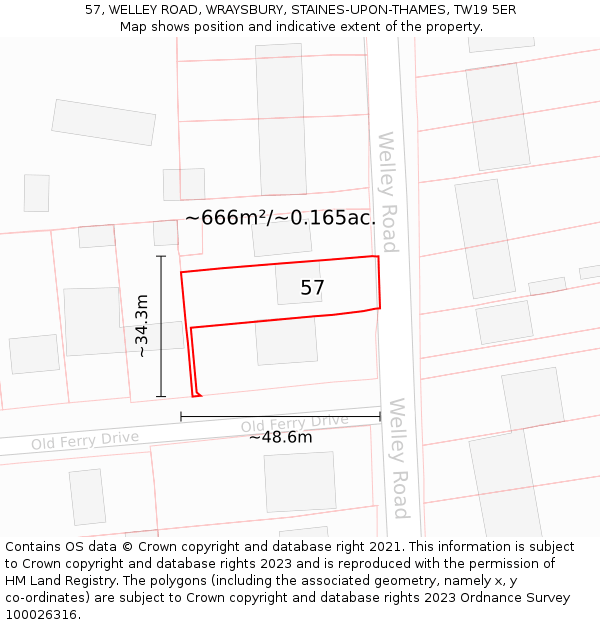 57, WELLEY ROAD, WRAYSBURY, STAINES-UPON-THAMES, TW19 5ER: Plot and title map