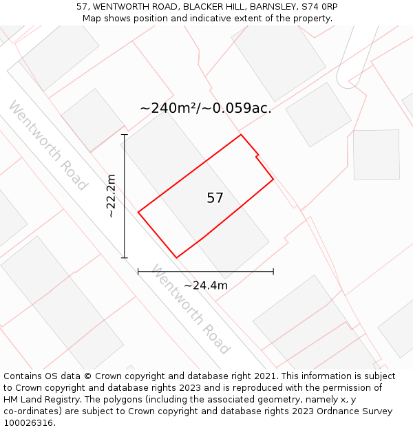 57, WENTWORTH ROAD, BLACKER HILL, BARNSLEY, S74 0RP: Plot and title map