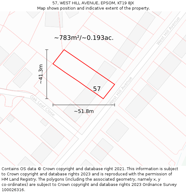 57, WEST HILL AVENUE, EPSOM, KT19 8JX: Plot and title map