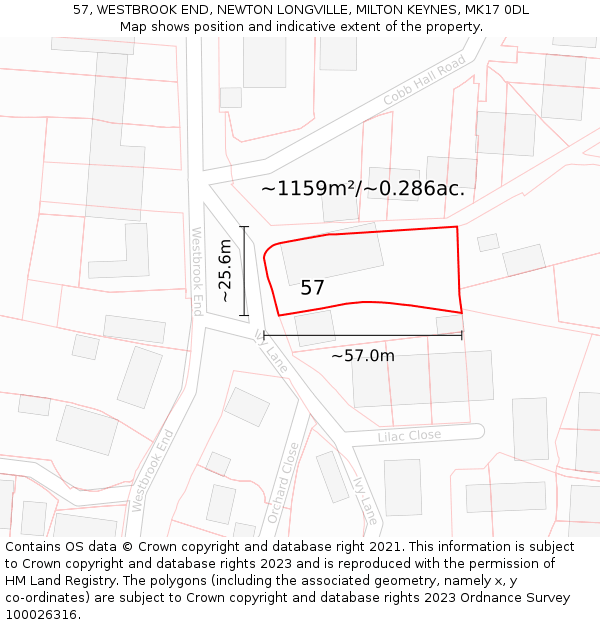 57, WESTBROOK END, NEWTON LONGVILLE, MILTON KEYNES, MK17 0DL: Plot and title map