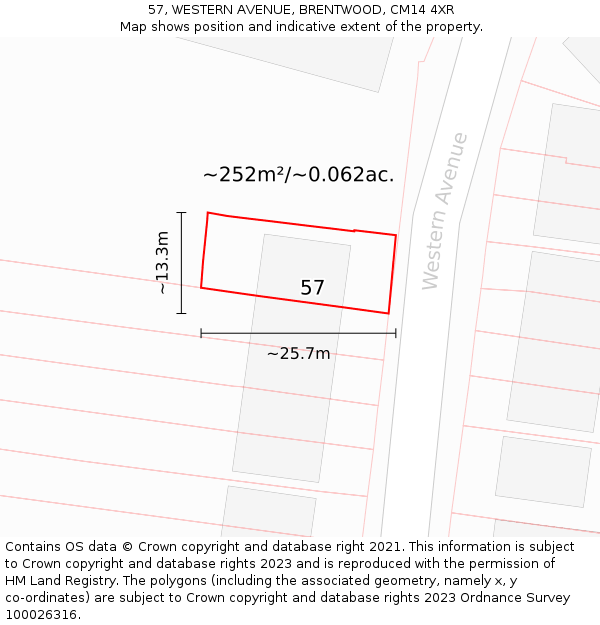 57, WESTERN AVENUE, BRENTWOOD, CM14 4XR: Plot and title map