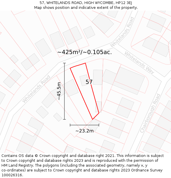 57, WHITELANDS ROAD, HIGH WYCOMBE, HP12 3EJ: Plot and title map