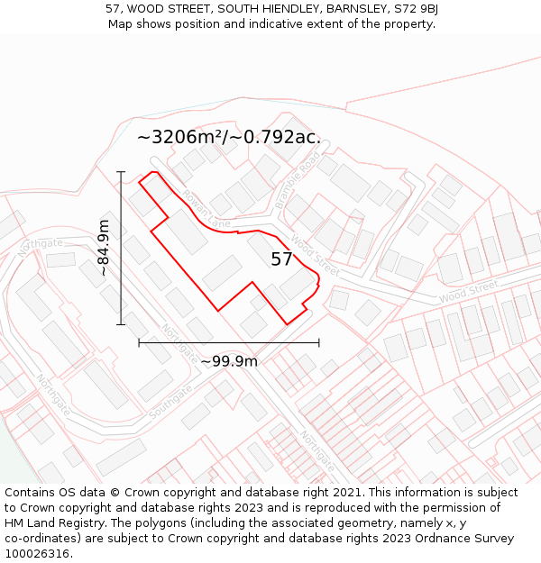 57, WOOD STREET, SOUTH HIENDLEY, BARNSLEY, S72 9BJ: Plot and title map