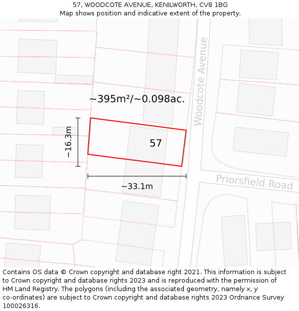 57, WOODCOTE AVENUE, KENILWORTH, CV8 1BG: Plot and title map