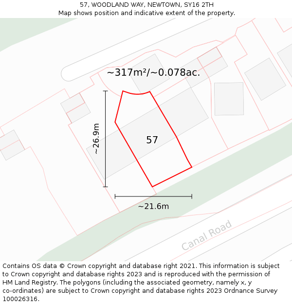 57, WOODLAND WAY, NEWTOWN, SY16 2TH: Plot and title map