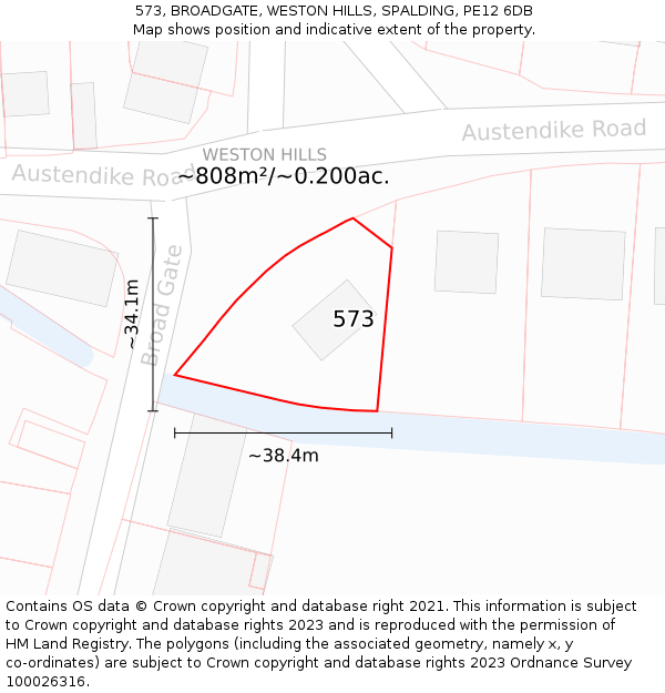 573, BROADGATE, WESTON HILLS, SPALDING, PE12 6DB: Plot and title map