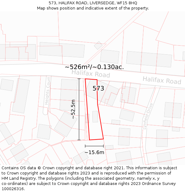 573, HALIFAX ROAD, LIVERSEDGE, WF15 8HQ: Plot and title map