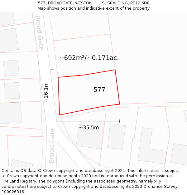 577, BROADGATE, WESTON HILLS, SPALDING, PE12 6DP: Plot and title map