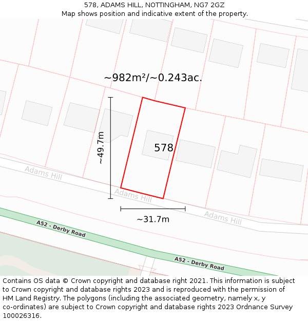 578, ADAMS HILL, NOTTINGHAM, NG7 2GZ: Plot and title map