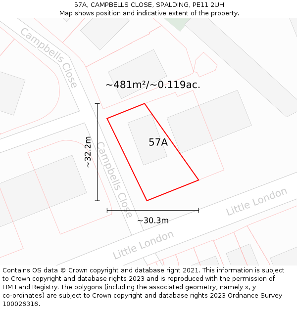 57A, CAMPBELLS CLOSE, SPALDING, PE11 2UH: Plot and title map