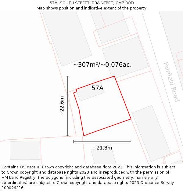 57A, SOUTH STREET, BRAINTREE, CM7 3QD: Plot and title map