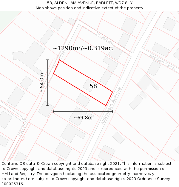 58, ALDENHAM AVENUE, RADLETT, WD7 8HY: Plot and title map