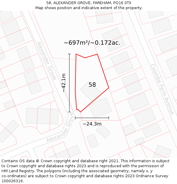 58, ALEXANDER GROVE, FAREHAM, PO16 0TX: Plot and title map