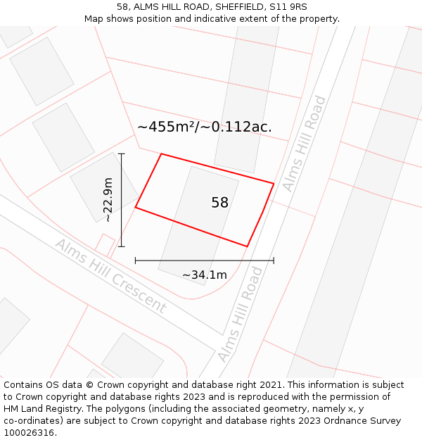 58, ALMS HILL ROAD, SHEFFIELD, S11 9RS: Plot and title map