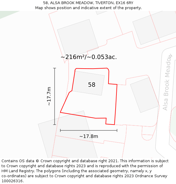 58, ALSA BROOK MEADOW, TIVERTON, EX16 6RY: Plot and title map