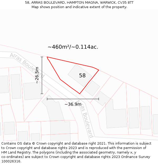 58, ARRAS BOULEVARD, HAMPTON MAGNA, WARWICK, CV35 8TT: Plot and title map