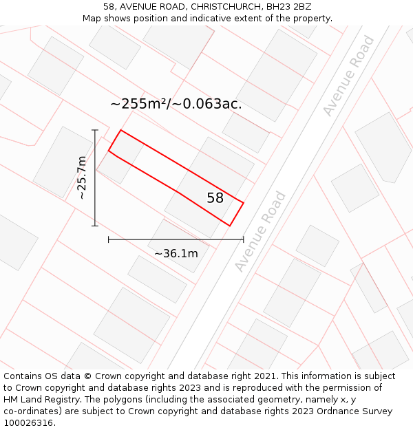 58, AVENUE ROAD, CHRISTCHURCH, BH23 2BZ: Plot and title map
