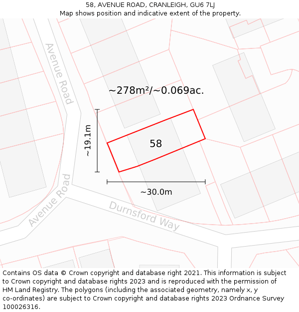 58, AVENUE ROAD, CRANLEIGH, GU6 7LJ: Plot and title map