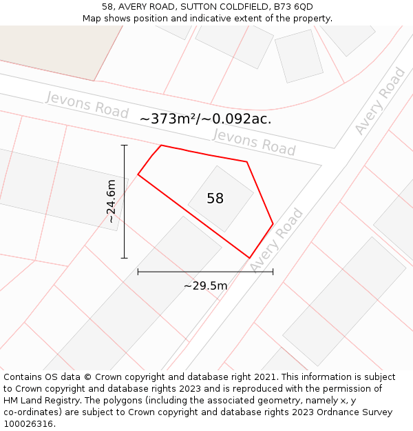 58, AVERY ROAD, SUTTON COLDFIELD, B73 6QD: Plot and title map