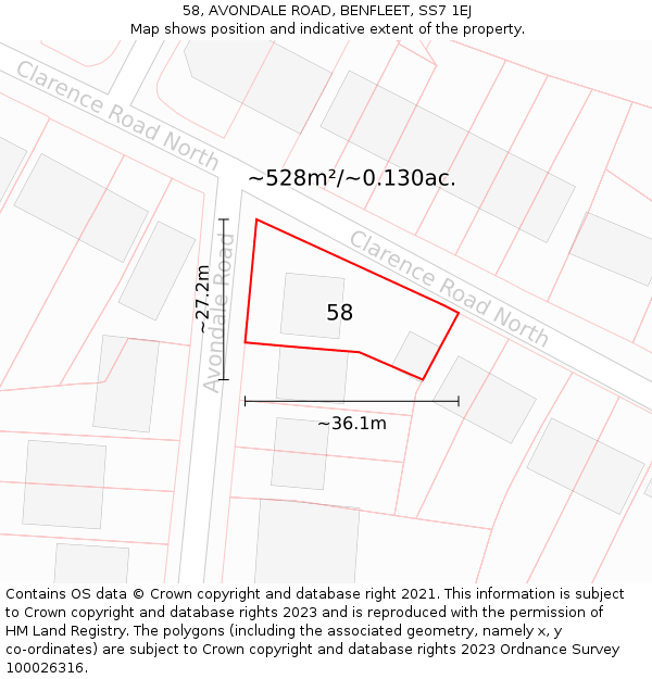 58, AVONDALE ROAD, BENFLEET, SS7 1EJ: Plot and title map