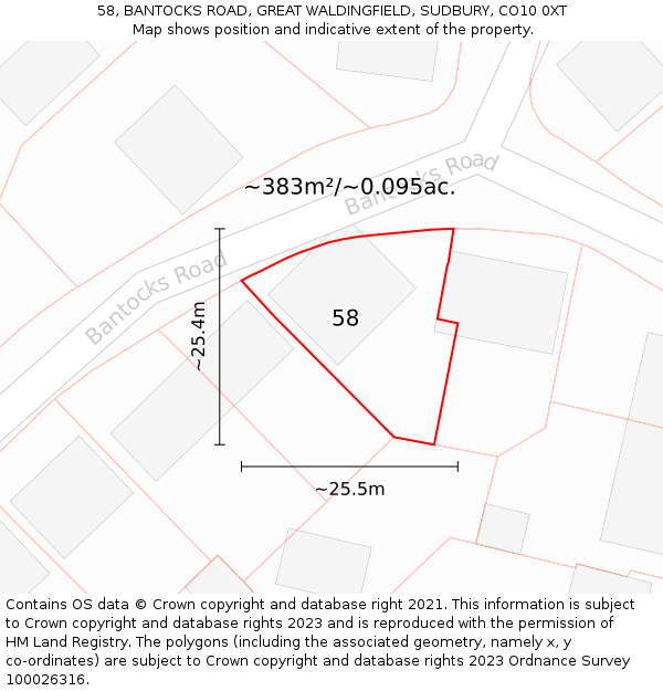 58, BANTOCKS ROAD, GREAT WALDINGFIELD, SUDBURY, CO10 0XT: Plot and title map