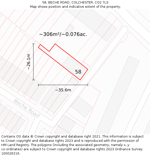 58, BECHE ROAD, COLCHESTER, CO2 7LS: Plot and title map