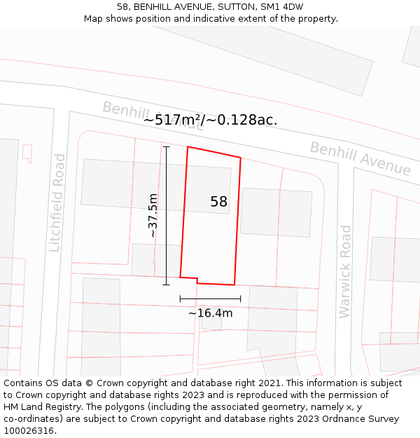 58, BENHILL AVENUE, SUTTON, SM1 4DW: Plot and title map