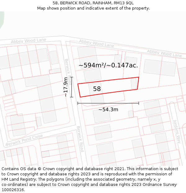 58, BERWICK ROAD, RAINHAM, RM13 9QL: Plot and title map