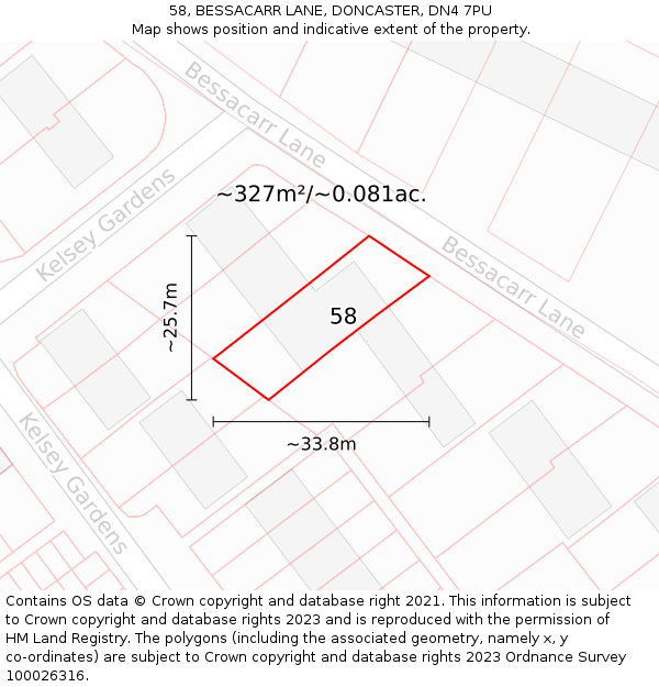 58, BESSACARR LANE, DONCASTER, DN4 7PU: Plot and title map