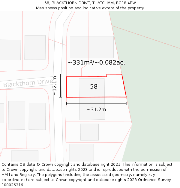 58, BLACKTHORN DRIVE, THATCHAM, RG18 4BW: Plot and title map