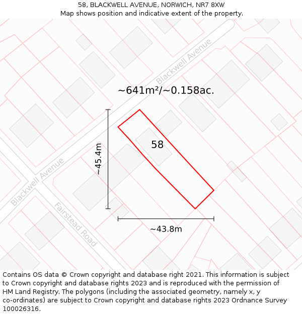 58, BLACKWELL AVENUE, NORWICH, NR7 8XW: Plot and title map