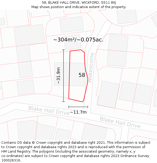 58, BLAKE HALL DRIVE, WICKFORD, SS11 8XJ: Plot and title map