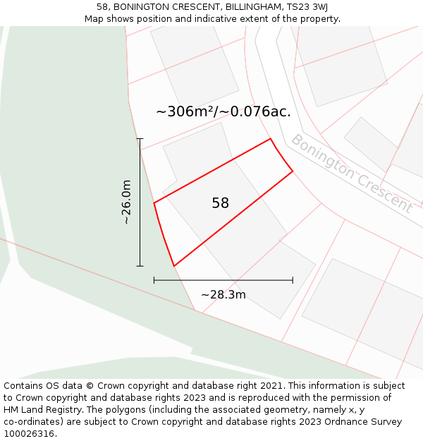 58, BONINGTON CRESCENT, BILLINGHAM, TS23 3WJ: Plot and title map