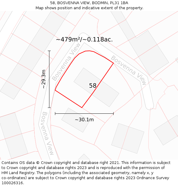 58, BOSVENNA VIEW, BODMIN, PL31 1BA: Plot and title map