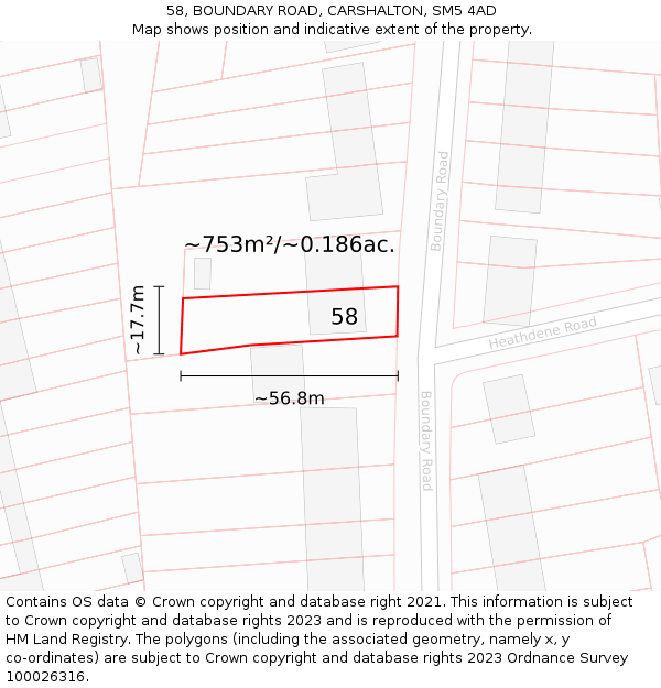 58, BOUNDARY ROAD, CARSHALTON, SM5 4AD: Plot and title map