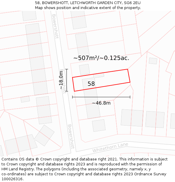 58, BOWERSHOTT, LETCHWORTH GARDEN CITY, SG6 2EU: Plot and title map