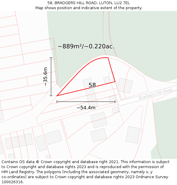 58, BRADGERS HILL ROAD, LUTON, LU2 7EL: Plot and title map