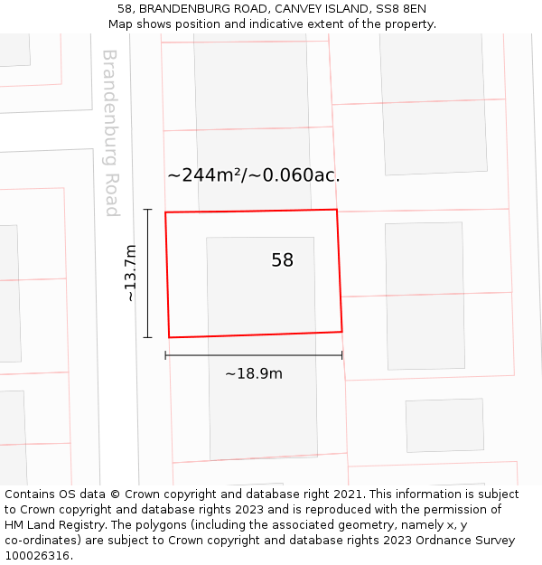 58, BRANDENBURG ROAD, CANVEY ISLAND, SS8 8EN: Plot and title map