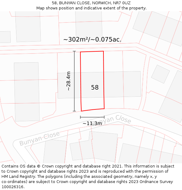 58, BUNYAN CLOSE, NORWICH, NR7 0UZ: Plot and title map