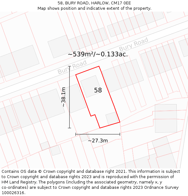 58, BURY ROAD, HARLOW, CM17 0EE: Plot and title map