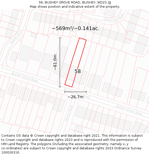 58, BUSHEY GROVE ROAD, BUSHEY, WD23 2JJ: Plot and title map