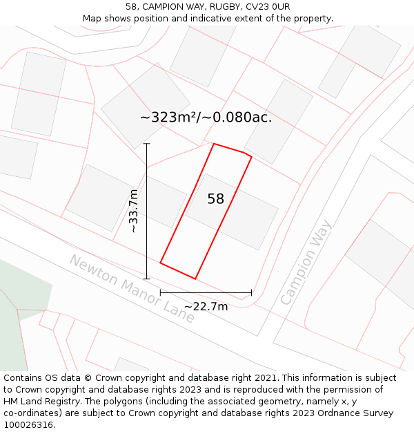 58, CAMPION WAY, RUGBY, CV23 0UR: Plot and title map