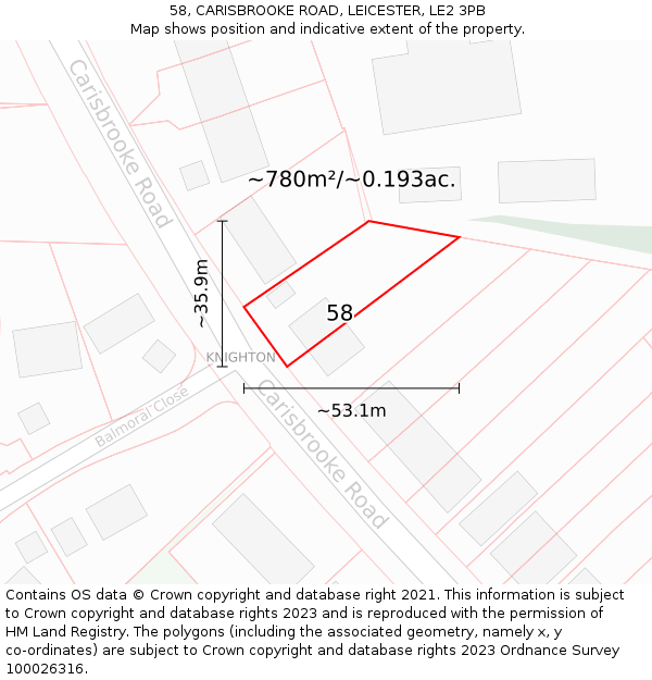 58, CARISBROOKE ROAD, LEICESTER, LE2 3PB: Plot and title map