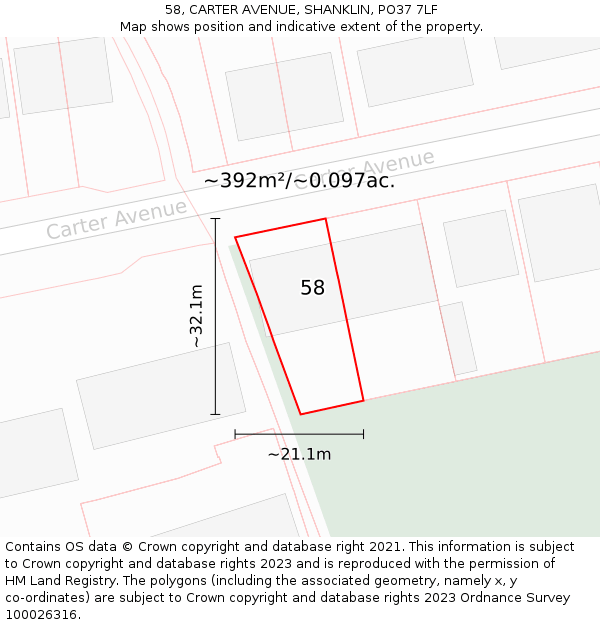 58, CARTER AVENUE, SHANKLIN, PO37 7LF: Plot and title map