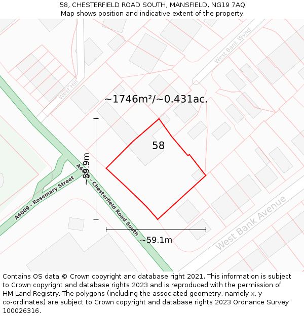 58, CHESTERFIELD ROAD SOUTH, MANSFIELD, NG19 7AQ: Plot and title map