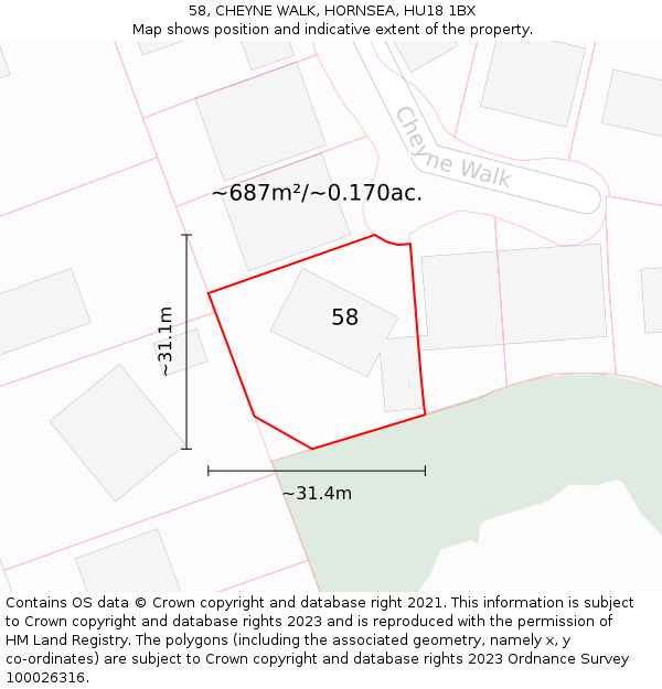 58, CHEYNE WALK, HORNSEA, HU18 1BX: Plot and title map